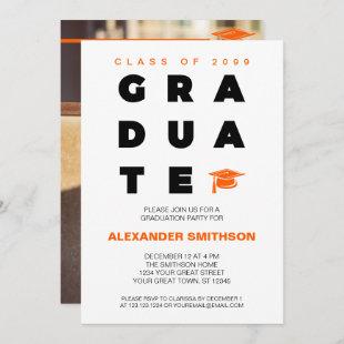 Orange Bold GRADUATE Letters and Cap Graduation Invitation