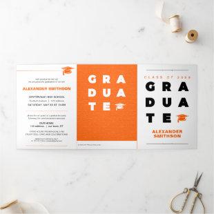 Orange Bold GRADUATE Letters and Cap Graduation Tri-Fold Announcement