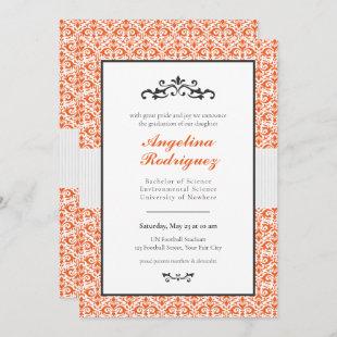 Orange Damask Pattern Photo Graduation Invitation