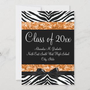 Orange Glitter Zebra Bow Graduation Invite