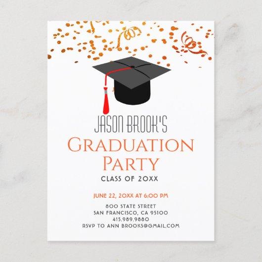 Orange Gold Glitter Confetti Graduation Party Invitation Postcard