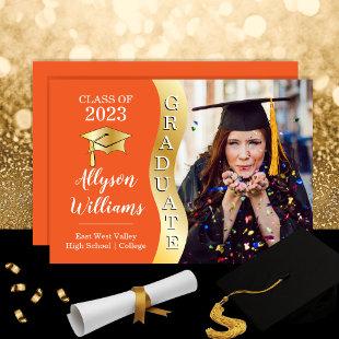 Orange | Gold Graduate Wave Grad Cap Photo Announcement