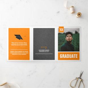 Orange Modern Textured Photo Graduation Tri-Fold Invitation