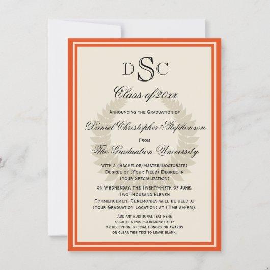 Orange Monogram Laurel Classic College Graduation  Invitation