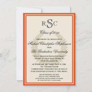 Orange Monogram Laurel Classic College Graduation Invitation