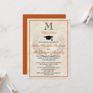 Orange Monogram Wreath Classic College Graduation Invitation