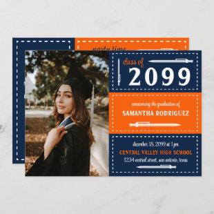 Orange & Navy Dotted Boxes and Pencils Graduation Invitation