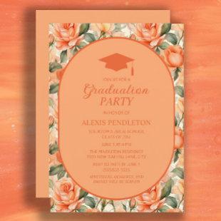Orange Peach Floral High School Graduation Cap Invitation