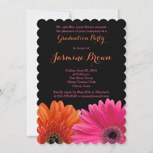 Orange Pink Black Gerbera Daisy Graduation Party Invitation