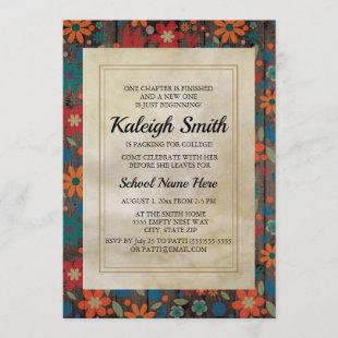 Orange Red Blue Flowers on Rustic Wood Trunk Party Invitation