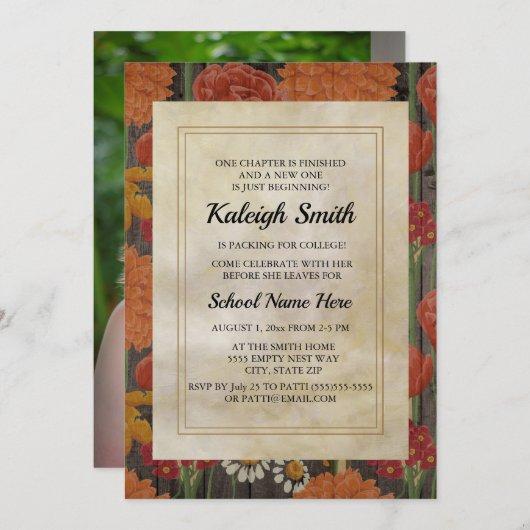 Orange Red Flowers Rustic Wood Photo Trunk Party Invitation