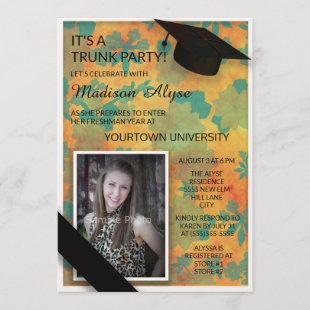 Orange Teal Floral College Trunk Party Photo Invitation