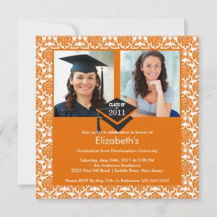 Orange & White Damask Photo Graduation Invitation