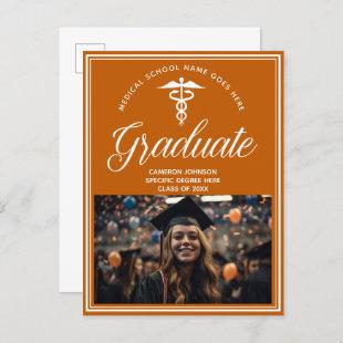 Orange White Medical School Photo Graduation Announcement Postcard
