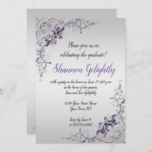 Ornate Purple and Silver Swirls Graduation Party Invitation