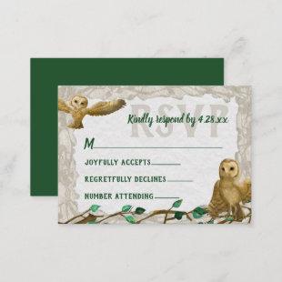 Owls, Green Leafy Rustic Bar Mitzvah RSVP Card