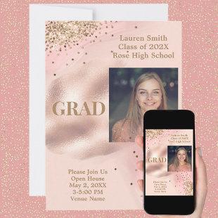 Pale Pink Gold Glitter Photo Graduation Invitation