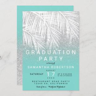 Palm tree silver turquoise graduation party invitation