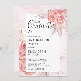 Pampas Grass | Pink Rose Blooms Graduation Party  Invitation