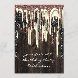 Party 16th Brown Brown Glitter Drips Wood Invitation