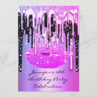 Party 16th Lips Kiss Black Pinky Glitter Drips Invitation
