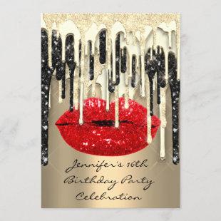 Party 16th Lips Kiss Black Red Glitter Drips  Invitation