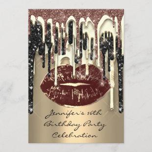 Party 16th Lips Kiss Brown Coffee Glitter Drips Invitation