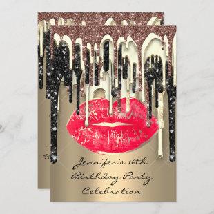 Party 16th Lips Kiss Brown Red Glitter Drips Invitation