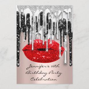 Party 16th Lips Kiss Rose Red Glitter Drips   Invitation