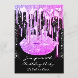 Party 16th Lips Pink Black Drips Mermaid   Invitat Invitation