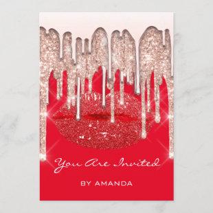 Party 16th Red Kiss Lips Rose Glitter Red Invitation