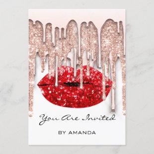 Party 16th Red Kiss Lips Rose Glitter White Invitation