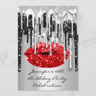 Party 16th Red Lips Kiss Black Gray Glitter Drips  Invitation