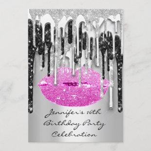 Party 16th Red Lips Kiss Black Pink Glitter Drip Invitation