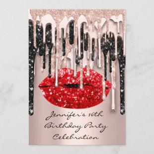 Party 16th Red Lips Kiss Rose Glitter Drips Black  Invitation