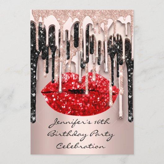 Party 16th Red Lips Kiss Rose Glitter Drips Black  Invitation