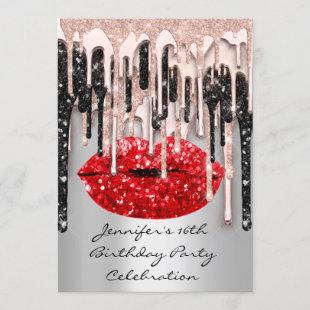 Party 16th Red Lips Kiss Rose Glitter Drips Glam Invitation