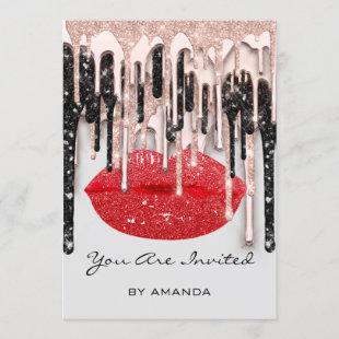 Party 16th Red Lips Kiss Rose Glitter Drips Gray Invitation