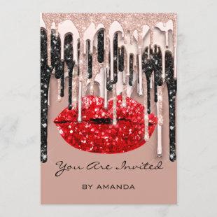 Party 16th Red Lips Rose Glitter Drips Skinny Invitation