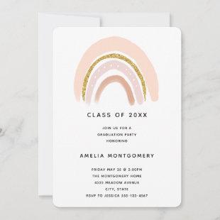 Pastel Pink & Faux Glitter Boho Rainbow Graduation Invitation
