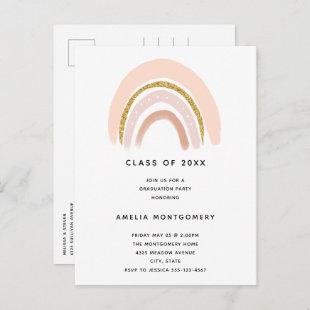 Pastel Pink & Faux Glitter Boho Rainbow Graduation Invitation Postcard
