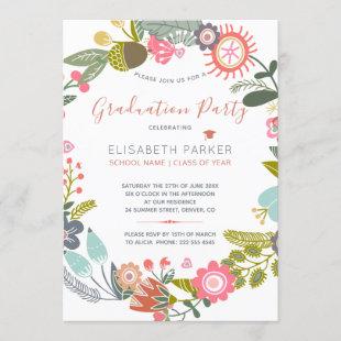 Pastel pretty floral wreath boho graduation party invitation