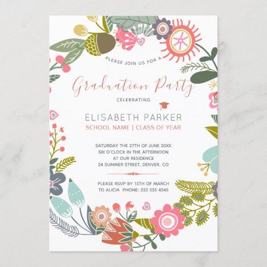Pastel pretty floral wreath boho graduation party invitation