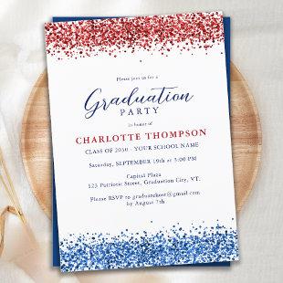 Patriotic Red White Blue Modern Glitter Graduation Invitation