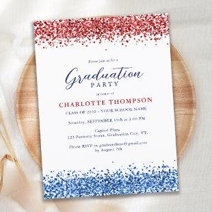 Patriotic Red White Blue Modern Glitter Graduation Invitation Postcard