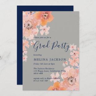 Peach and Navy Watercolor Floral Graduation Party Invitation