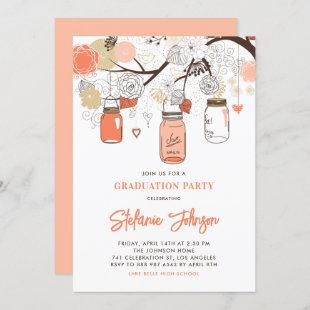 Peach Flowers and Mason Jars Graduation Party Invitation