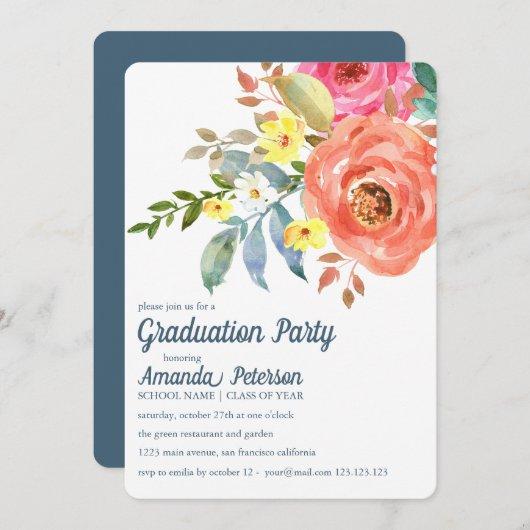Peach  Pink Peonies Blue Graduation Invitation