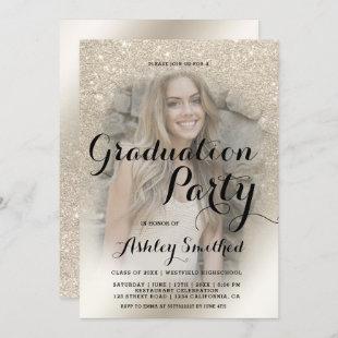 pearl ivory glitter ombre foil photo graduation invitation