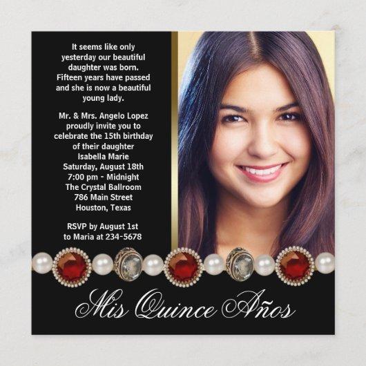 Pearls Ruby Red Black Gold Photo Quinceanera Invitation